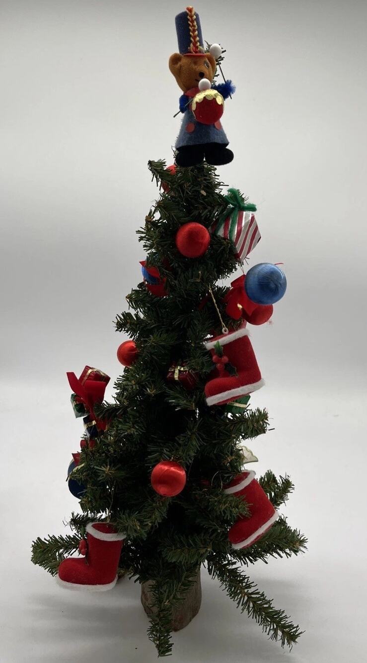 Vintage 19” Decorated Table Christmas Tree Wooden, Flocked & Folk Art Ornaments